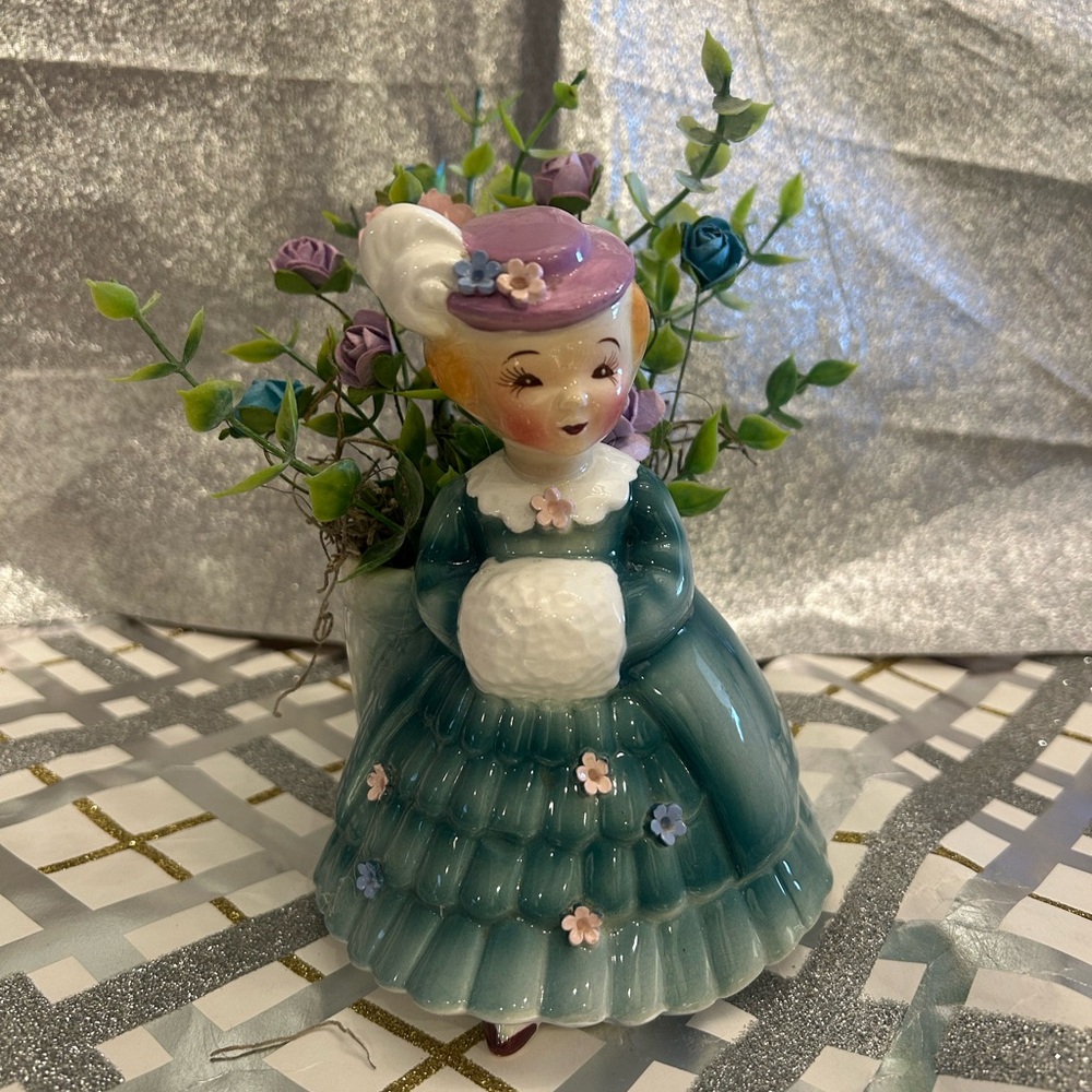 Vintage Lady Ceramic Vase - Teal and Purple